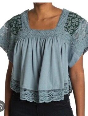 Free People Size Prairie Days Blue Boho Embroidered Top